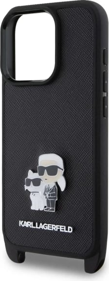 Mbështjellës Karl Lagerfeld Saffiano Karl&Choupette me rrip, për iPhone 16 Pro, i zi