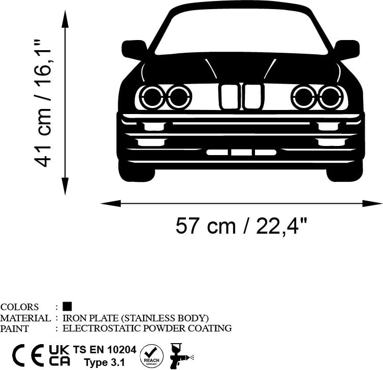 Aksesor dekorativ metalik për mur, BMW M3 E30, Wallity, ngjyrë e zezë, 57x41cm