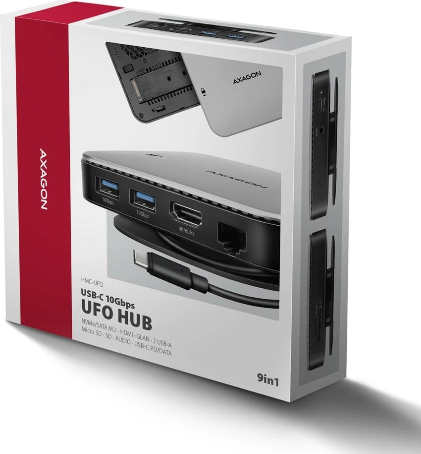 Hub multiport AXAGON HMC-UFO, 9-në-1, 10Gbps, 2x USB-A, HDMI 4K/60Hz, M.2 NVMe/SATA, audio, PD 100W, SD/microSD, GLAN, kabllo USB-C 65cm, zi/argjendtë