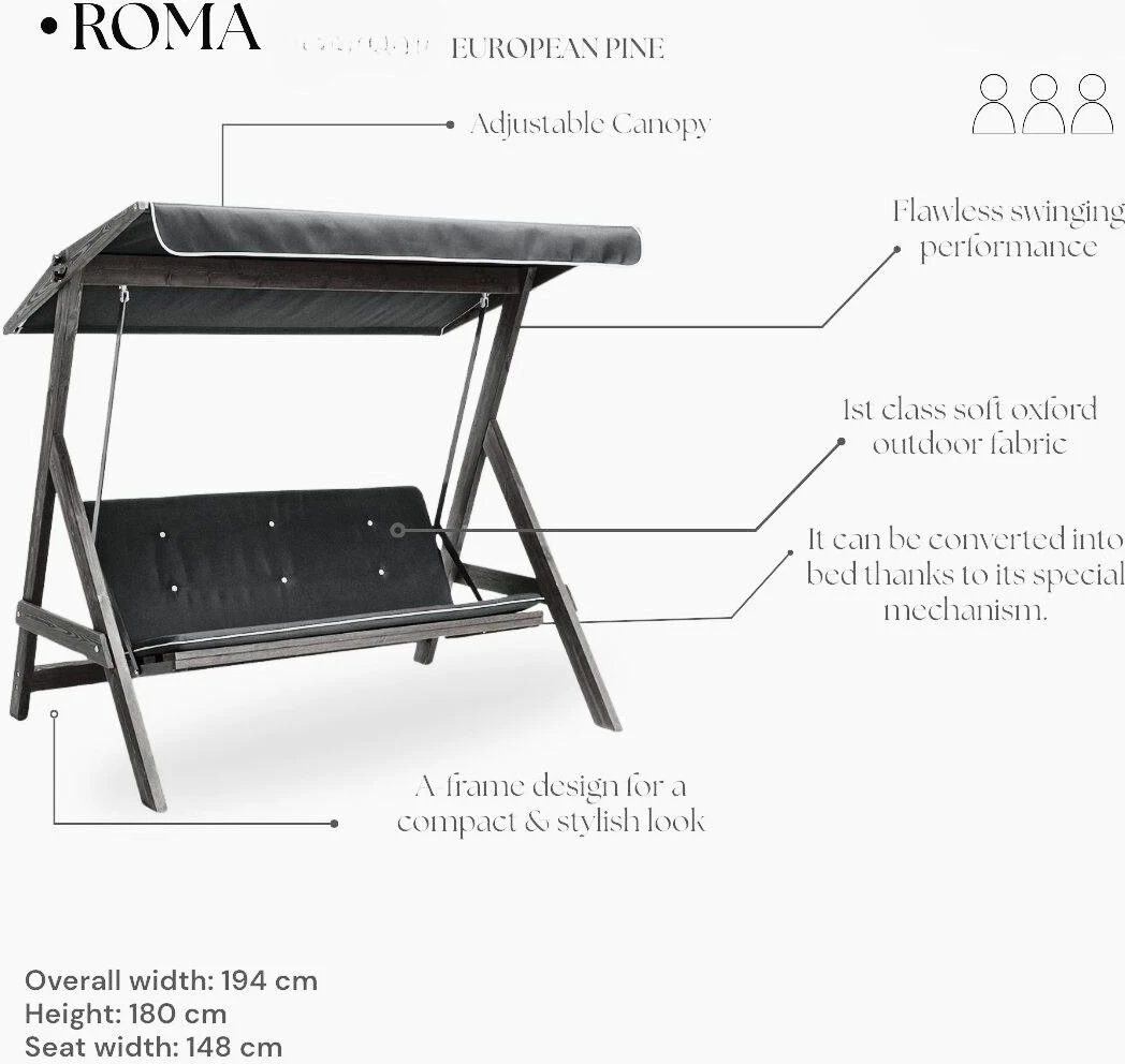 Karrige lëkundëse treshe për kopsht, ngjyrë antracit, Skye Decor, Roma 2000