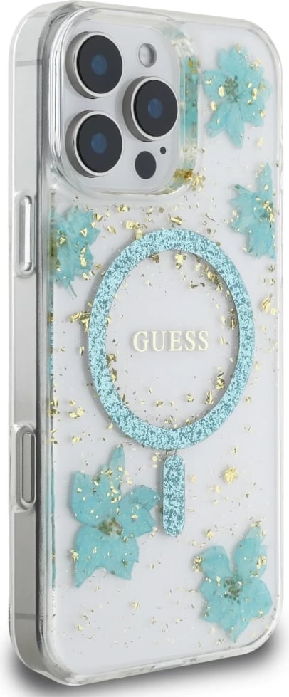Mbështjellës Guess Resin Flowers Glitter MagSafe për iPhone 16 Pro, Transparent/Turkeze