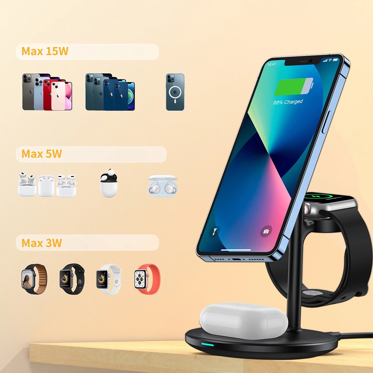 Stacion karikimi wireless 3-në-1 Choetech T585-F për iPhone 12/13/14, AirPods Pro dhe Apple Watch, USB-C, 15W, Zi