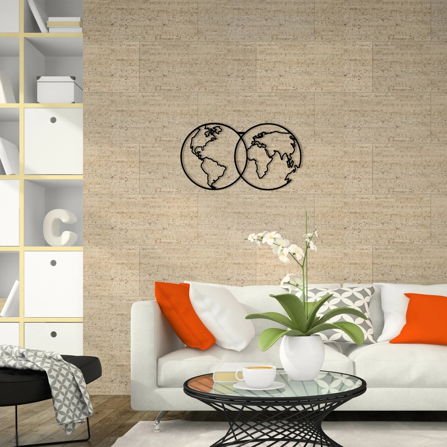 Aksesor dekorativ metalik për mur, hartë bote, Wallity, 60x34cm