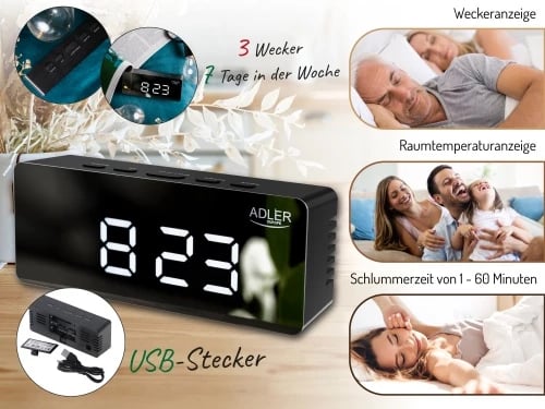 Orë alarmi, Adler, AD 1189, LED me temperaturë dhome, 3 mënyra alarmi, USB + 3xAAA, e zezë