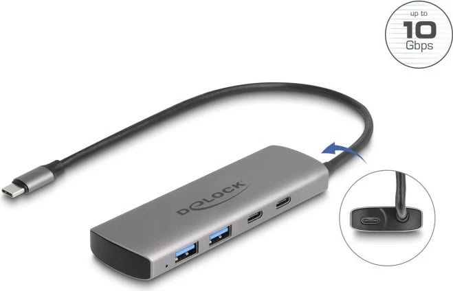 USB hub DeLOCK 2x USB-A + 2x USB-C, 10 Gbps, Type-C lidhje, gri