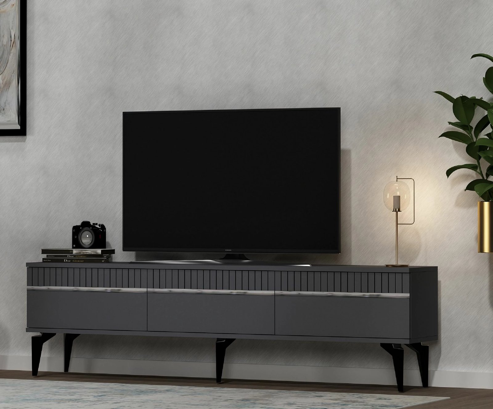 Komodë TV Skye Decor, ngjyrë antracit dhe argjendi, Defne