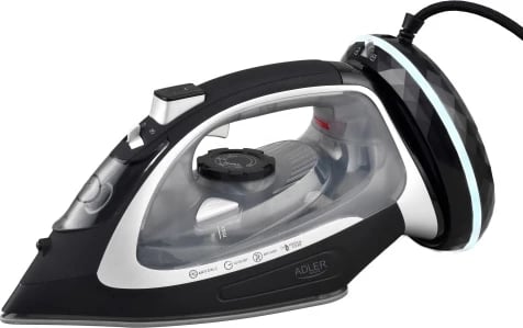 Hekur me avull pa kabllo 2-në-1, Adler AD 5043, 2800W, bazë qeramike 23.5x12 cm, depo uji 300 ml, zi/argjendtë