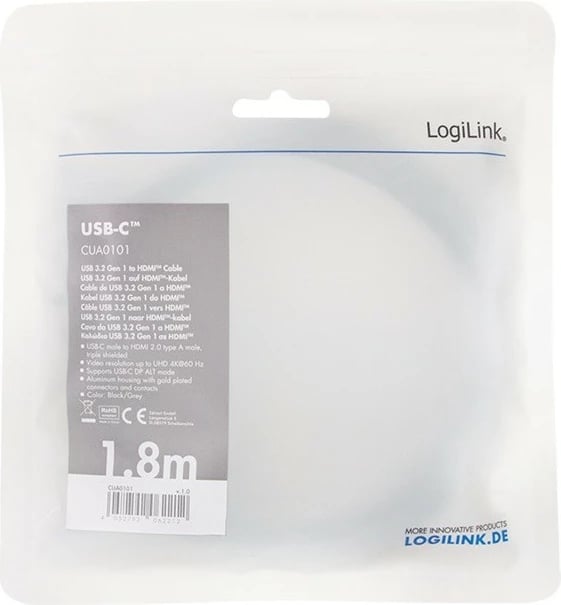 Kabllo USB-C në HDMI LogiLink CUA0101, 1.8m, 4K 60Hz, Zezë/Gri