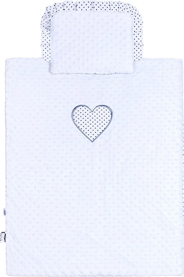 set karroce bebe, NEW BABY, Minky dykahësh, jastëk + batanije 82x68 cm, mbushje anti-alergjike, e bardhë