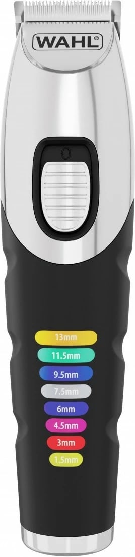 Trimmer mjekre, Wahl Color Trim 9893-0443, 240 min bateri, 0.5–13 mm, teh çelik inox 30 mm, karikim USB, përdorim i thatë, e zezë/argjend, set me 8 krehera dhe aksesorë