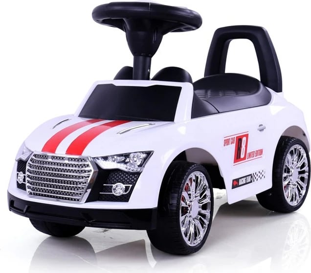 makinë shtytëse për fëmijë, Milly Mally, Racer, me timon interaktiv e 3 melodi, ndalim kundër përmbysjes, bagazh lodrash, deri 25 kg, e bardhë