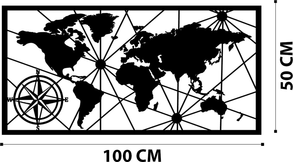 Aksesor dekorativ metalik për mur, hartë bote, ngjyrë e zezë, 100x50cm