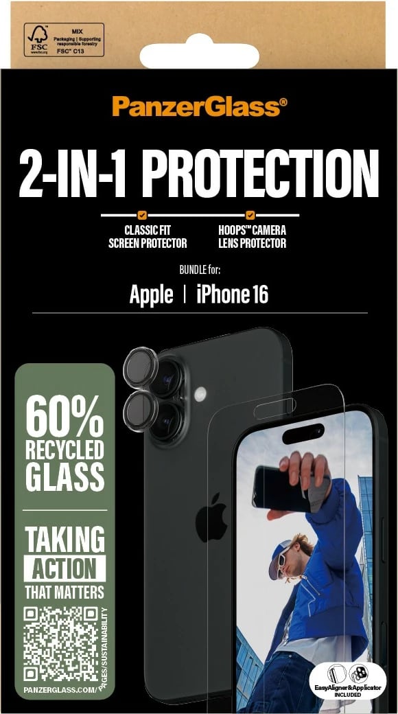 Mbrojtës ekrani PanzerGlass për iPhone 16, transparent, set 2-në-1