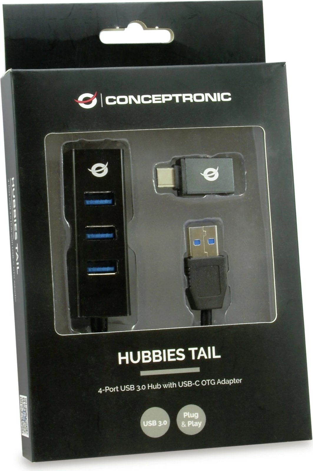 Hub USB 4-portësh Conceptronic, USB-A 3.0/C në 4x USB-A 3.0, i zi