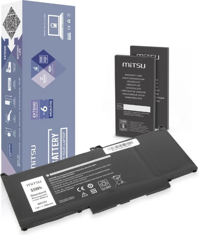Bateri laptop Mitsu BC/DE-7300 për Dell Latitude 5300 5310 7300 7400, 7200 mAh, 55 Wh, 7.6V, e zezë