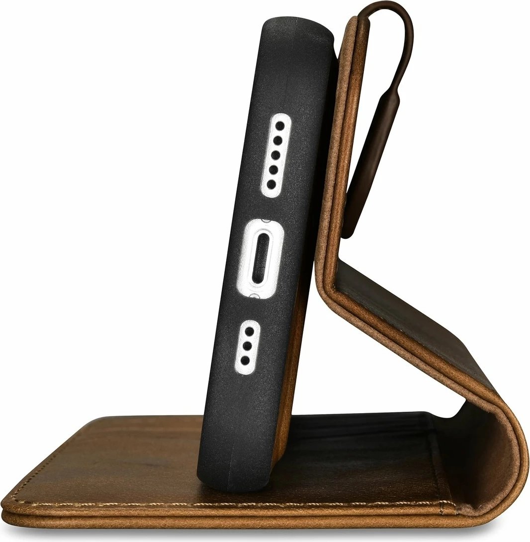 Mbështjellës iCarer Oil Wax Wallet Case 2in1 për iPhone 14 Pro, lëkurë natyrale, Anti-RFID, Kafe