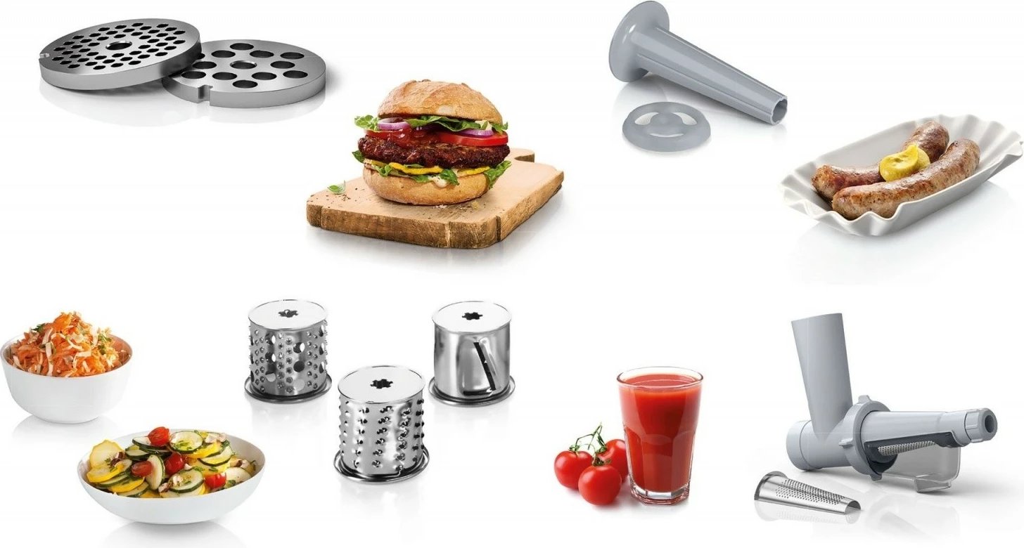 Grirëse mishi, Bosch MFW2517W, 1500W, sita 3.8/8 mm, me grirëse perimesh 3 tamburë, shtytës salçiçe, shtrydhëse manaferre/domate, e bardhë