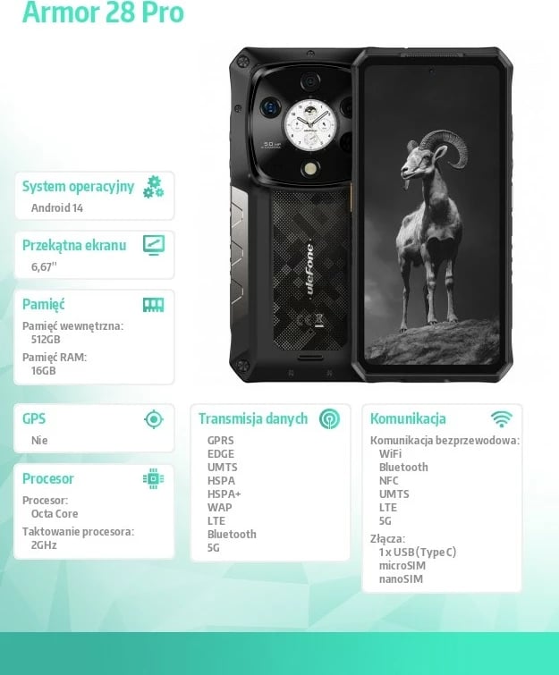 Celular Ulefone Armor 28 Pro 5G 16/512GB 6.67" AMOLED IP68/IP69K MIL-STD-810H Black