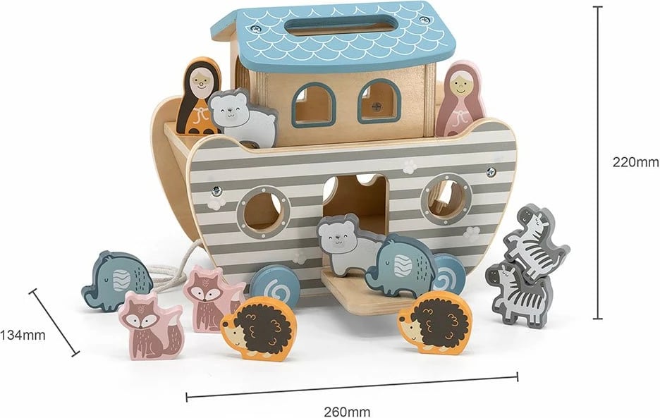 Puzzle druri, Viga PolarB Noah's Ark, anije me rrota dhe litar tërheqës, 5 çifte kafshësh, 18m+, multingjyrësh, set