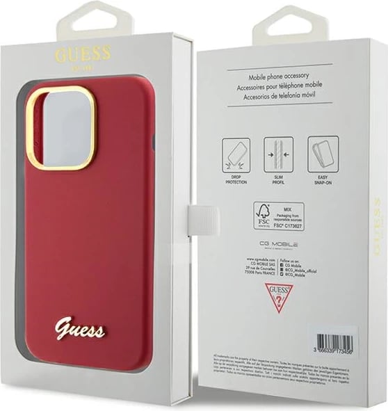 Mbështjellës Guess për iPhone 15 Pro, Silicone Script Metal Logo & Frame, Kuq