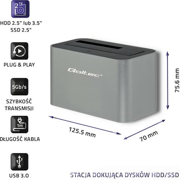 Stacion dokimi Qoltec 50315 për HDD/SSD 2.5"/3.5", USB 3.0, Argjend