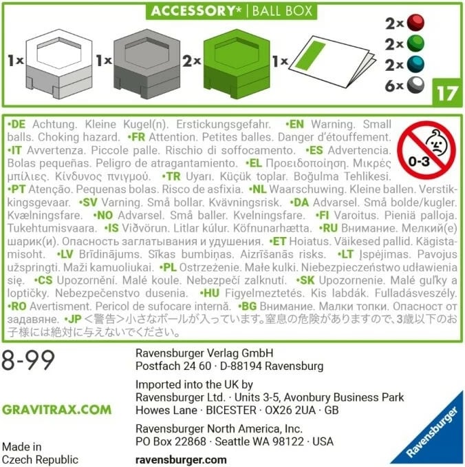 Set toptha dhe kuti Gravitrax Ravensburger 27468, 12 copë toptha, 4 kuti, shumëngjyrëshe