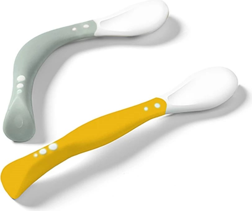 lugë bebe fleksibile me memorie forme, Baby Ono, 2 copë, 3m+, gri/verdhë