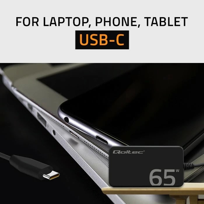 Karikues rrjeti Qoltec 65W GaN, USB-C 3.1, për laptop, MacBook, celular, i zi, me kabllo
