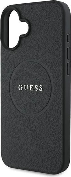 Mbështjellës Guess Grained Gold Ring MagSafe për iPhone 16 Plus, i zi