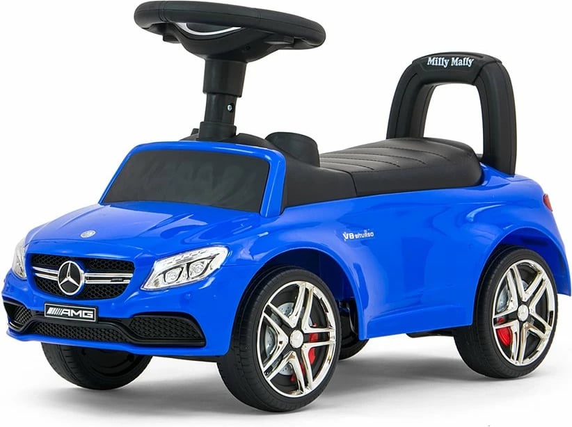 makinë ecëse për fëmijë, Milly Mally, Mercedes‑Benz AMG C63 Coupe, me borë dhe melodi, hapësirë nën ulëse, deri 25 kg, blu