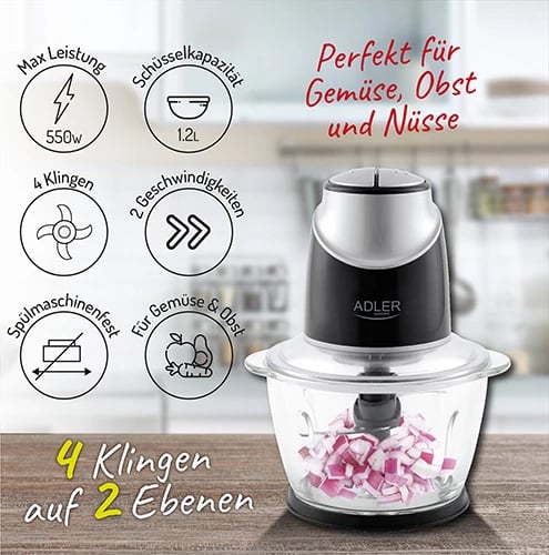Grirës kuzhine, Adler AD 4082, tas qelqi 1.2L, 4 tehe inoksi, 2 shpejtësi, 300W
