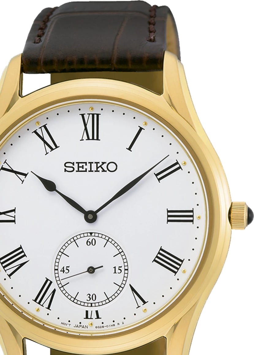 Orë dore SEIKO SRK050P1 për meshkuj, e artë me rrip kafe