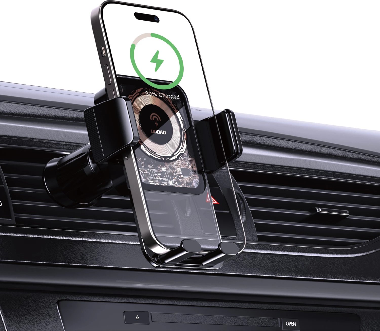 Mbajtës makine me karikues me valë 15W, Dudao F19, krah i rregullueshëm, montim panel/ventilim, zi