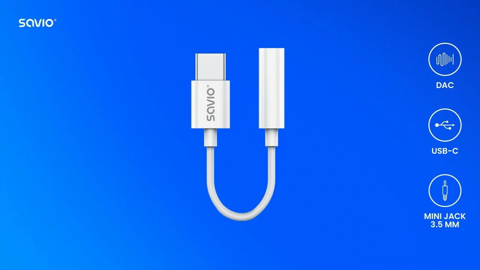 Adapter USB-C në Mini Jack 3.5 mm Savio AK-52, i bardhë