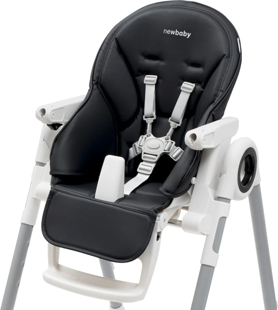 Karrige e lartë për bebe, NEW BABY Iris, shpinore 6 pozicione, lartësi 5 nivele, rripa sigurie 5-pikësh, tabaka dyshe, mbulesë eko-lëkurë, e zezë