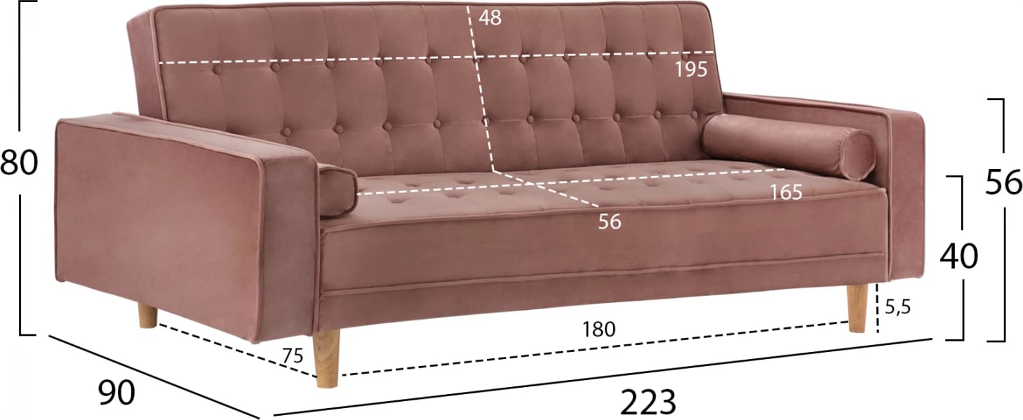 Divan shtrat Salvador FH3150.12 kadife rozë e pluhurosur 224x88x84 cm