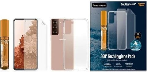 Set mbrojtës PanzerGlass për Samsung Galaxy S21+, folje TPU + Mbështjellës ClearCase + sprej pastrues 30ml, Transparent