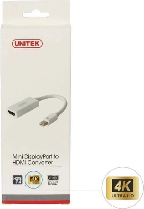 Adapter Unitek Y-6331 mini DisplayPort në HDMI 4K, i bardhë