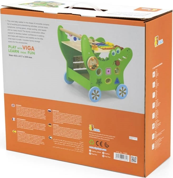 Ecëse druri për bebe, Viga, Crocodile, panel aktiviteti me numra e forma, rrota me goma antirrëshqitje, 12m+, e gjelbër