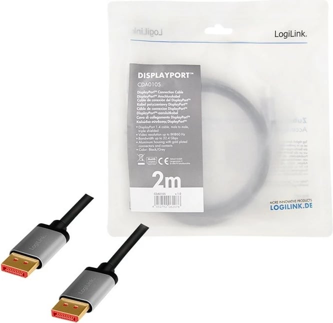 Kabllo DisplayPort LogiLink CDA0105, 2m, 8K/60Hz, e zezë/gri