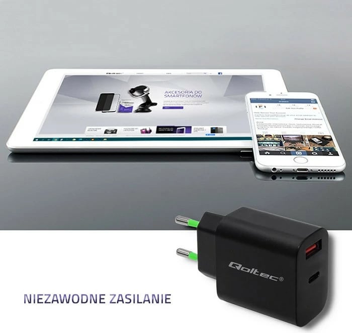 Karikues rrjeti Qoltec 51713, 18W, USB Type C PD, USB QC 3.0, i zi