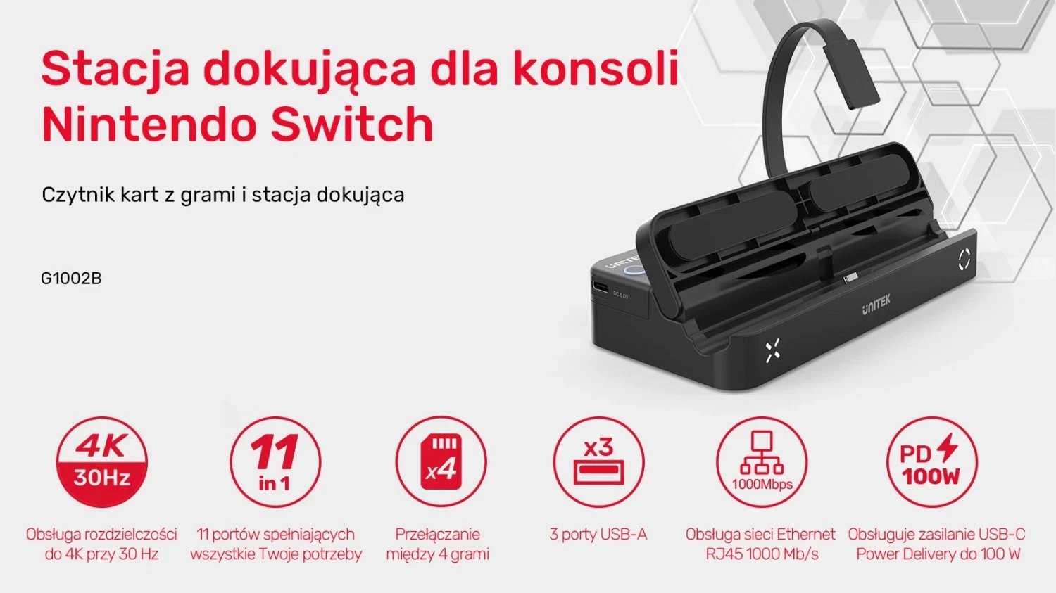 Stacioni i dokimit për Nintendo Switch Unitek, 100W 4K, i zi Stacioni i dokimit për Nintendo Switch Unitek, 100W 4K, i zi