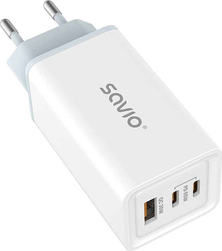 Mbushës muri Savio LA-07, 65W, GaN, 2x USB-C, 1x USB-A, i bardhë