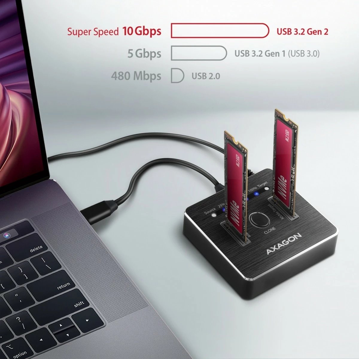 Stacion dokimi AXAGON ADSA-M2C, 2x NVMe M.2 SSD, USB-C 3.2 Gen 2, i zi