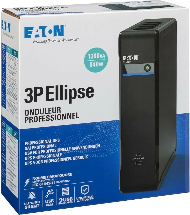 Kasë UPS Eaton 3P Ellipse 1300 USB FR, 1300 VA, 840 W, E zezë