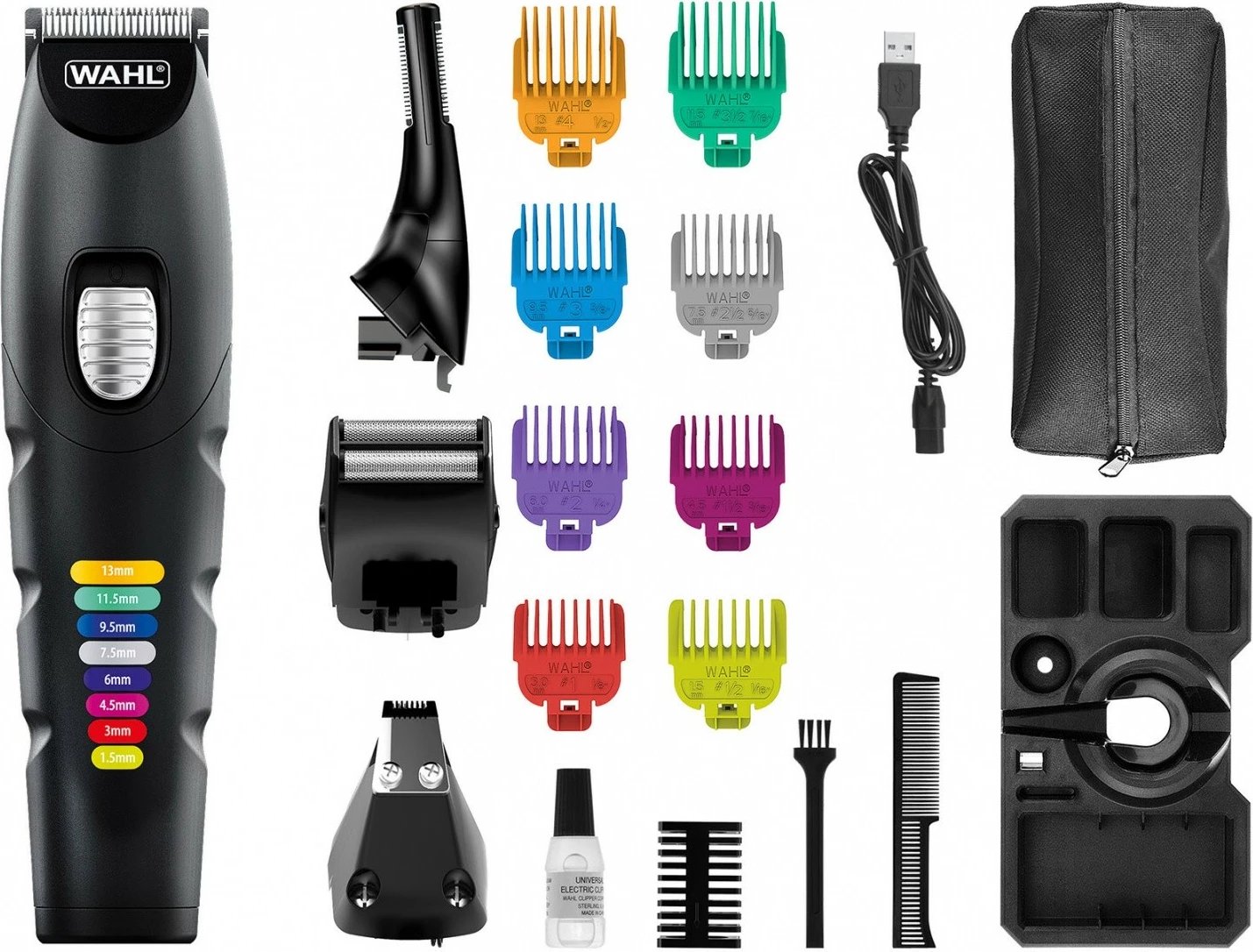 Trimer multifunksional, Wahl, Color Trim Advanced 9893-0464, bateri 240 min, teh çeliku inox, prerje 0.5–13 mm, gjerësi 30 mm, i zi, set me 8 krehra + 4 koka