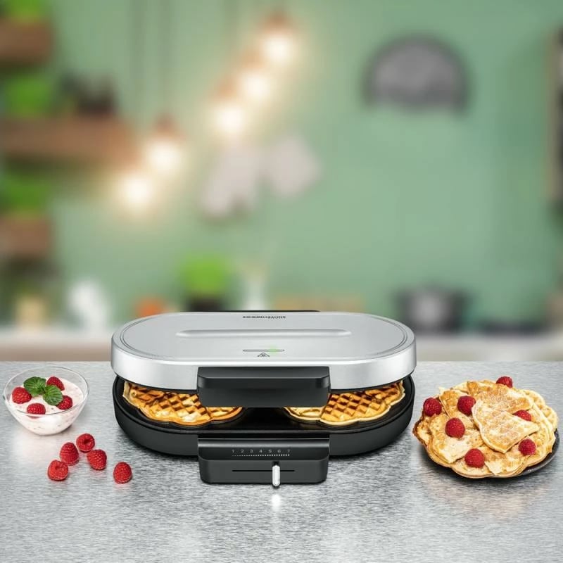 aparat për waffle, Rommelsbacher WA 1250, sipërfaqe pjekjeje dyshe, kontroll i pjekjes i vazhdueshëm, tregues pjekjeje, argjend-ezi