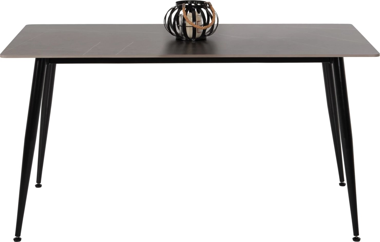 Tavolinë ngrënieje TOM, FH8588.01, sipërfaqe guri të sinteruar, pamje mermeri gri, këmbë metali të zeza, 160x90x76 cm
