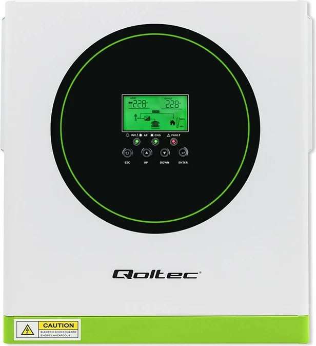 Inverter solar hibrid Qoltec 53863, 1500W, 100A, 12V, MPPT, Sinus i pastër, Wi-Fi, Bardhë/Gjelbër