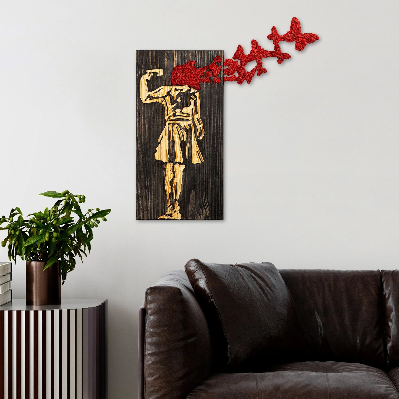 Aksesor dekorativ muri prej druri, Wallity Banksy, ngjyrë arre, kafe, e kuqe, 62x70cm